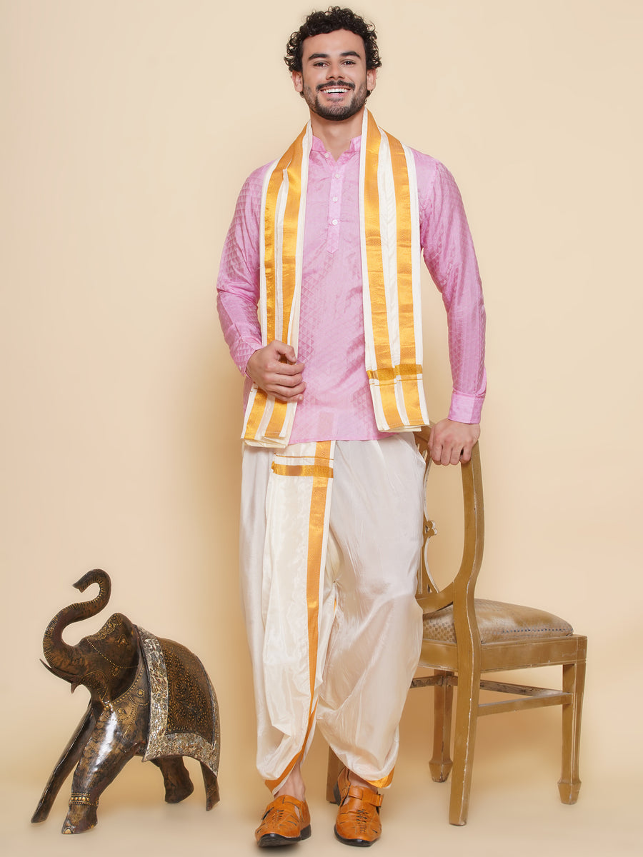 Sethukrishna Mens Self Design Short Kurta and Dhotipant with Angavastram Set
