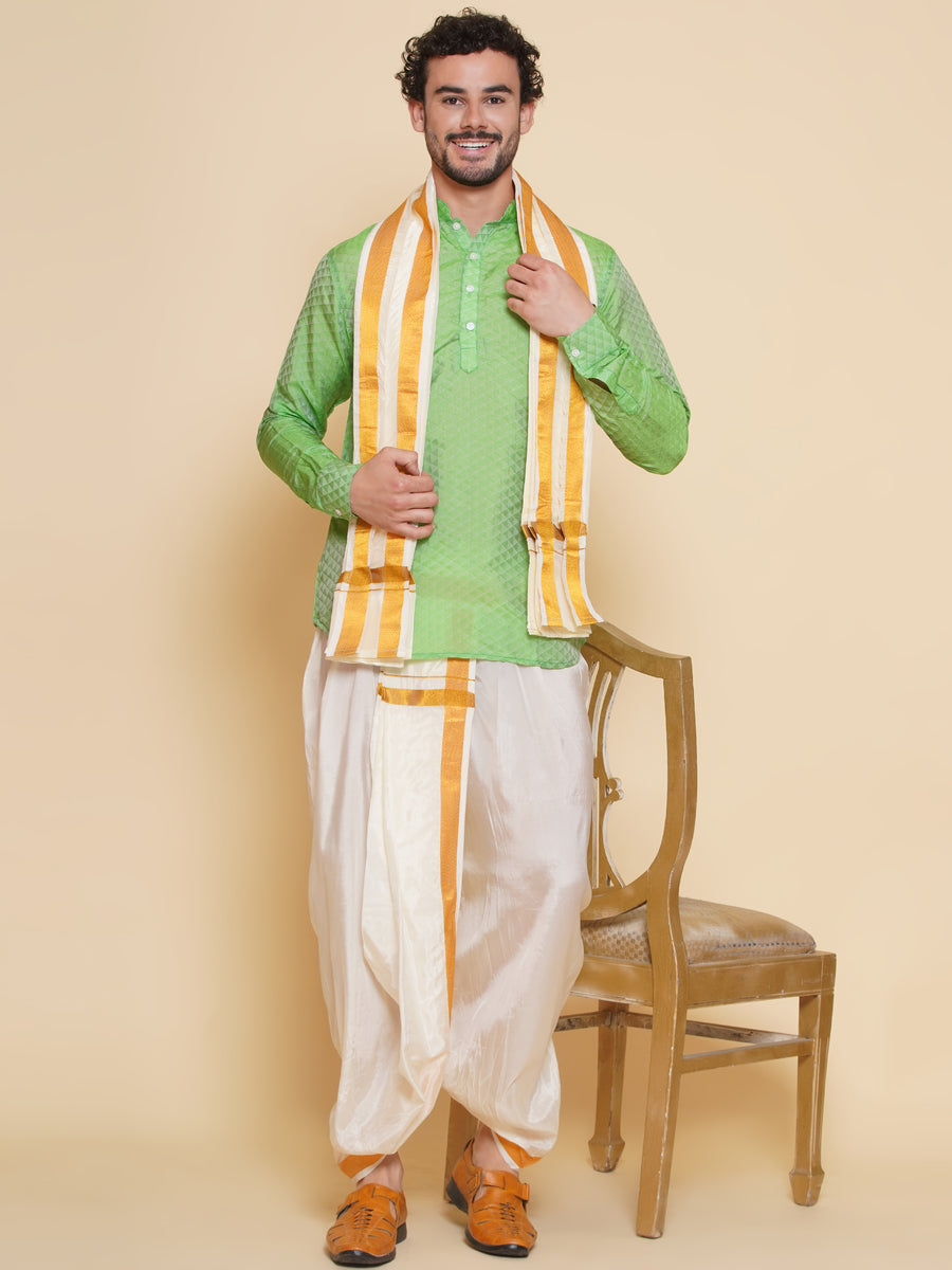 Sethukrishna Mens Self Design Short Kurta and Dhotipant with Angavastram Set