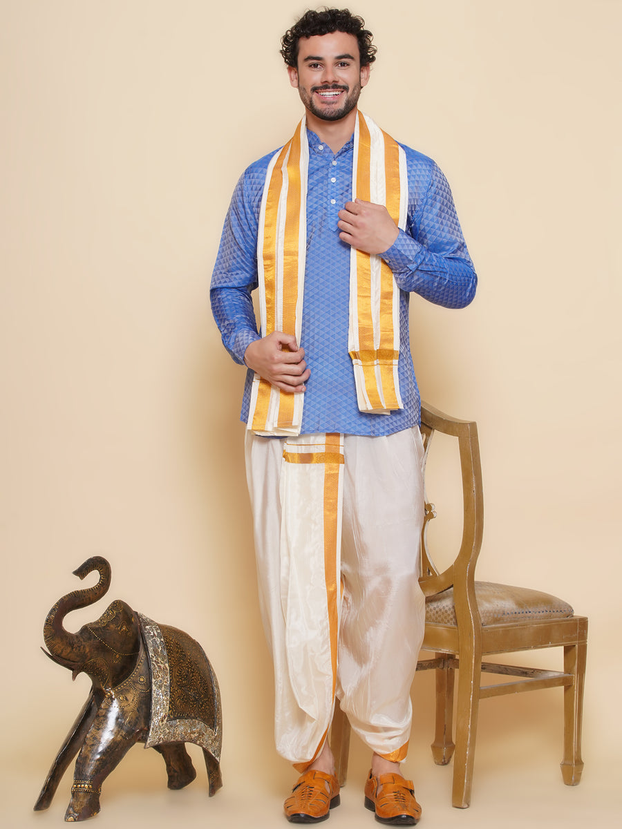 Sethukrishna Mens Self Design Short Kurta and Dhotipant with Angavastram Set