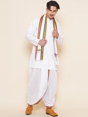 Men Cotton White Colour Kurta and Dhoti Pant with Angavastram Set