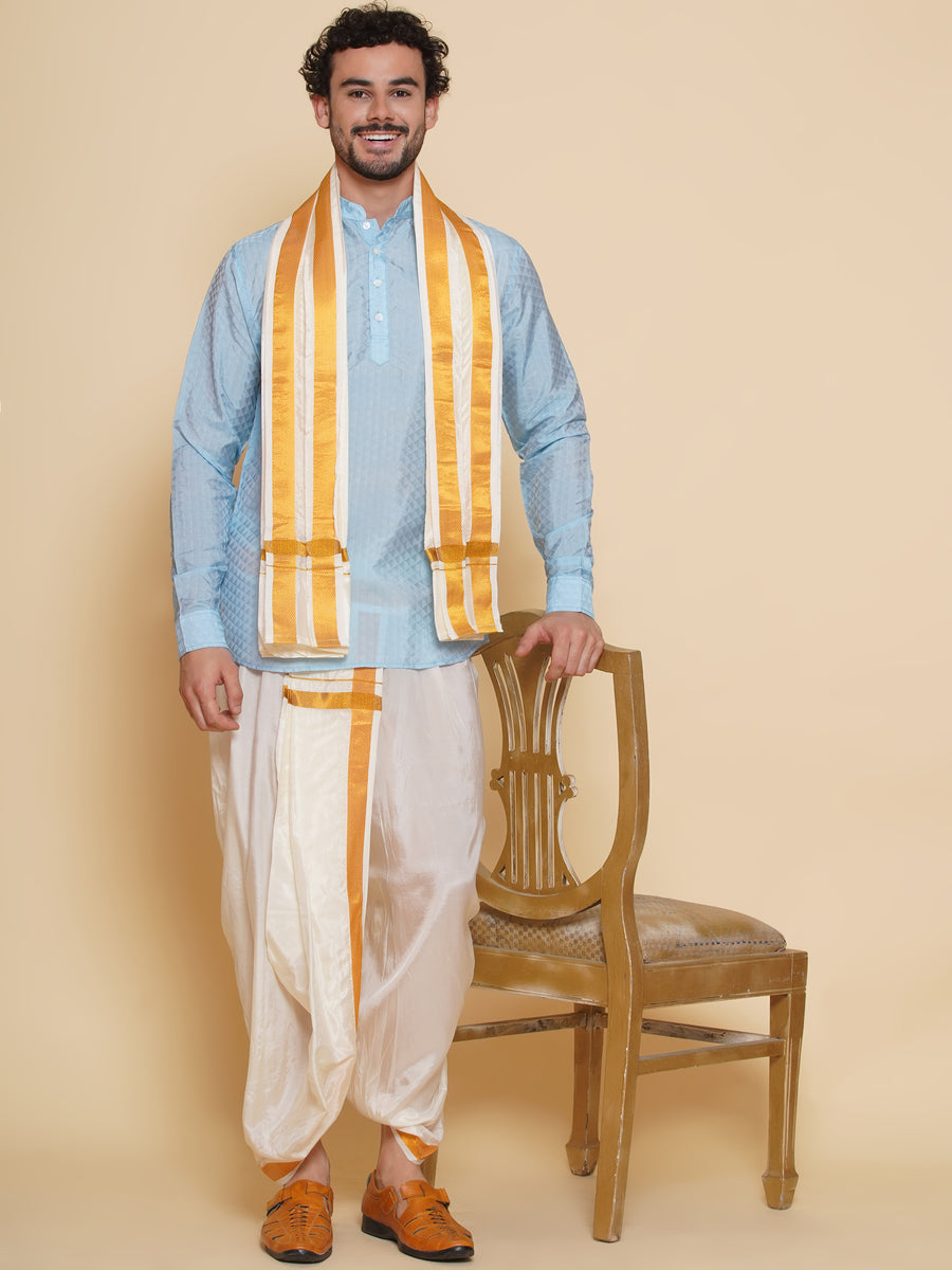 Sethukrishna Mens Self Design Short Kurta and Dhotipant with Angavastram Set