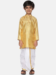 Boys Gold Colour Polyester Kurta Dhoti Pant Set