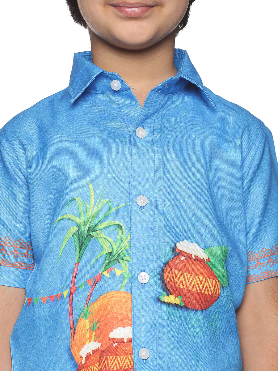 Boys Traditional Pongal Pop Colour Shirt Readymade Dhoti Set