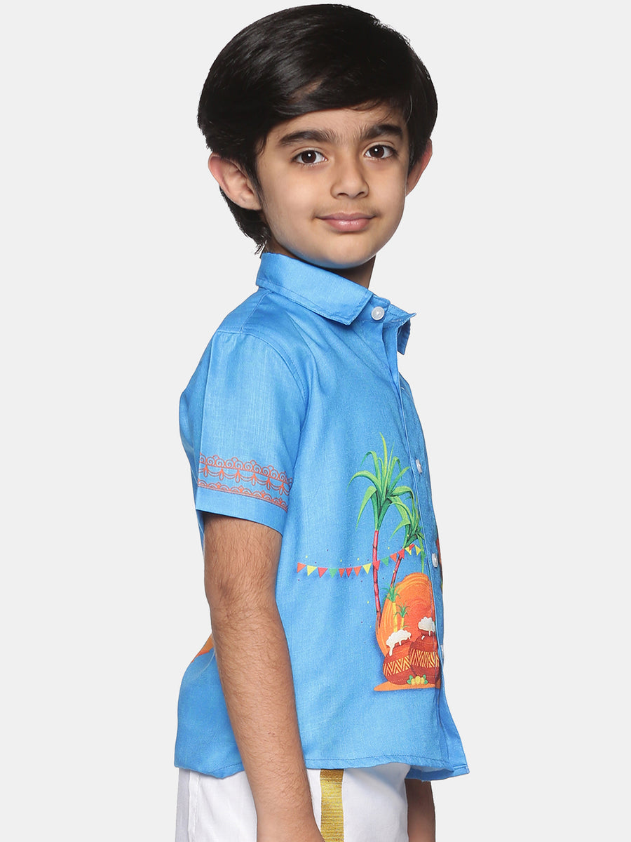 Boys Traditional Pongal Pop Colour Shirt Readymade Dhoti Set