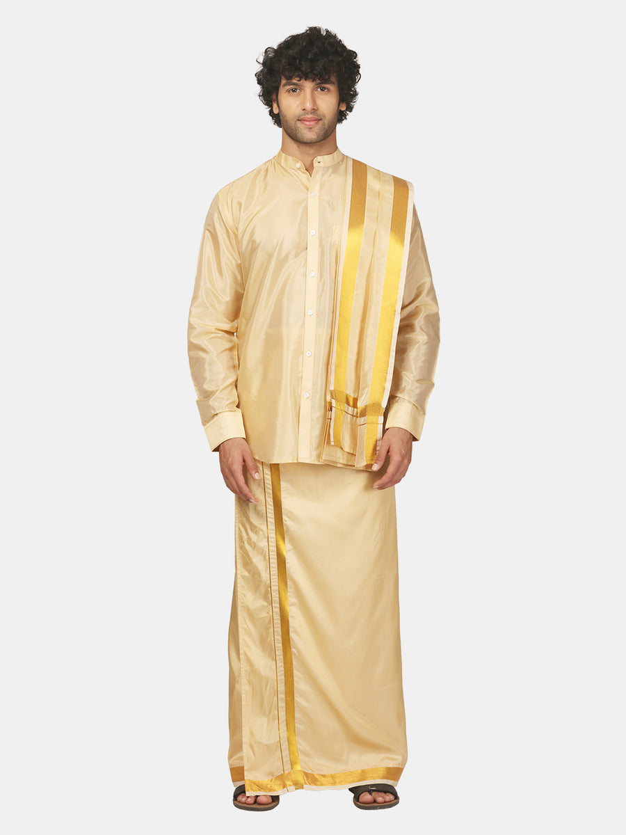 Mens Art Silk Solid Shirt with Cream Dhoti and Angavastram