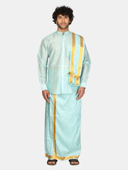 Mens Art Silk Solid Shirt with Cream Dhoti and Angavastram