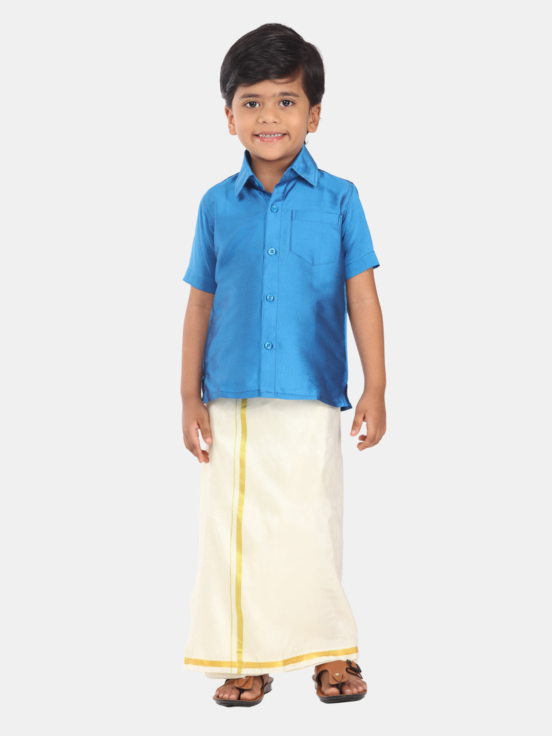 Boys Blue Colour Readymade Shirt With Dhoti Set