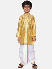 Boys Gold Colour Polyester Kurta Dhoti Pant Set