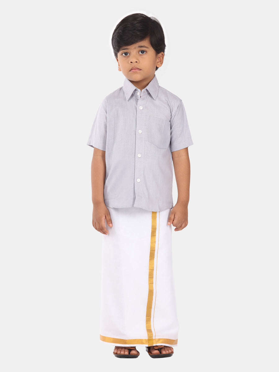 Boys Solid Colour Cotton Readymade Shirt With Dhoti Set