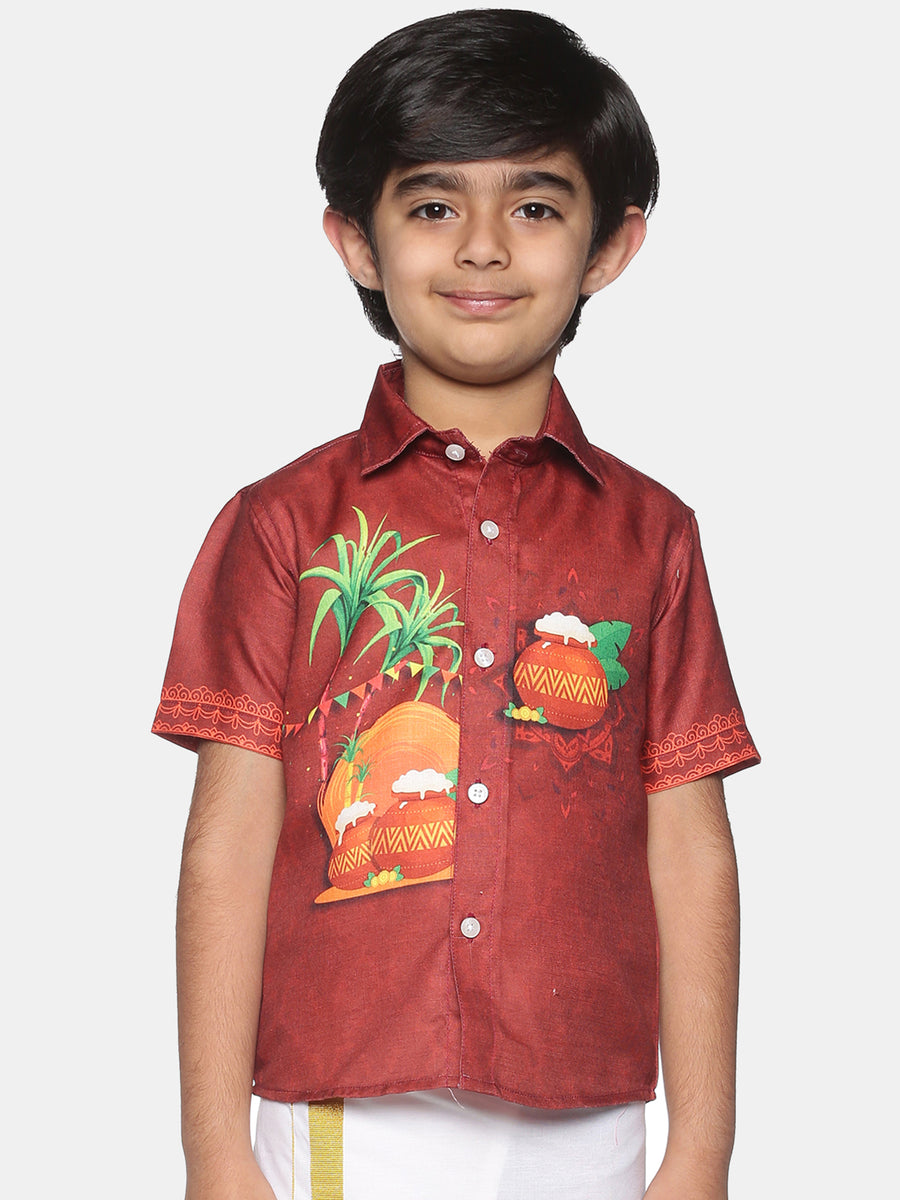 Boys Traditional Pongal Pop Colour Shirt Readymade Dhoti Set