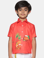 Boys Traditional Pongal Pop Colour Shirt Readymade Dhoti Set