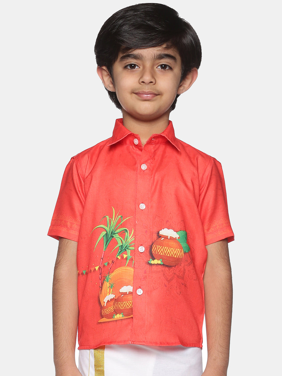 Boys Traditional Pongal Pop Colour Shirt Readymade Dhoti Set