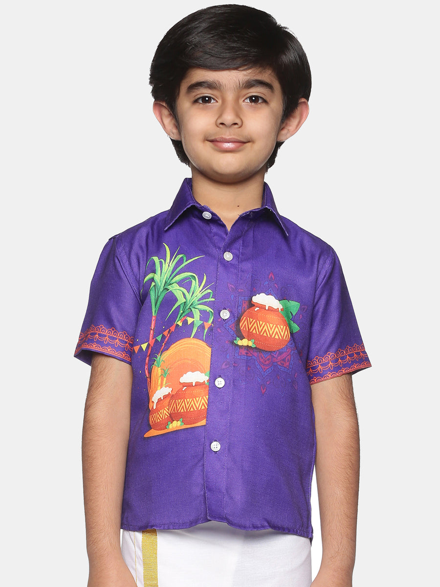 Boys Traditional Pongal Pop Colour Shirt Readymade Dhoti Set