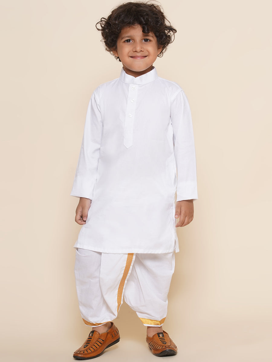 Boys White Colour Cotton Kurta Dhoti Pant Set