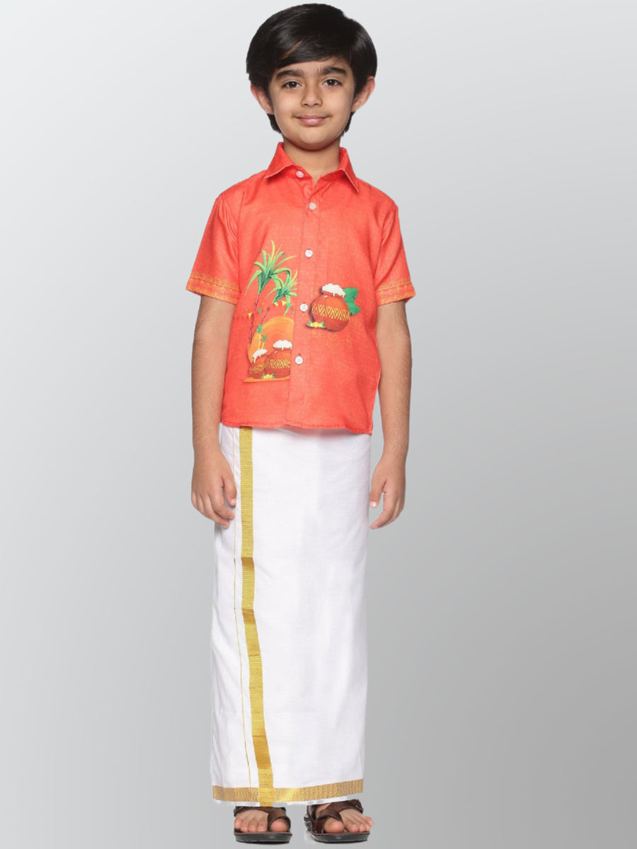 Boys Printed Pop Colour Pongal Shirt with Dhoti Set