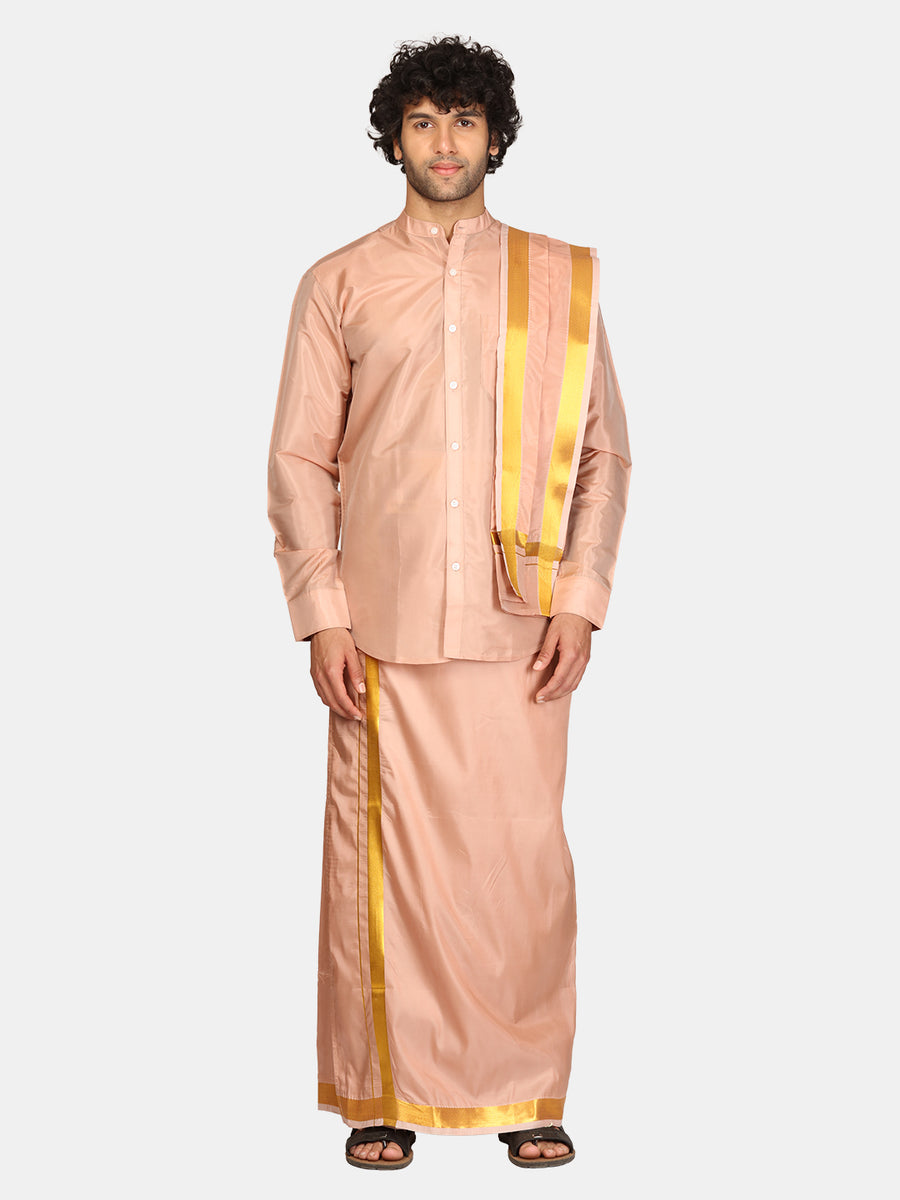 Mens Art Silk Solid Shirt with Cream Dhoti and Angavastram