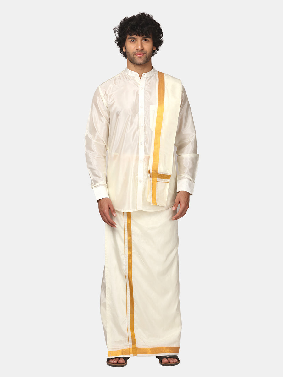 Mens Art Silk Solid Shirt with Cream Dhoti and Angavastram