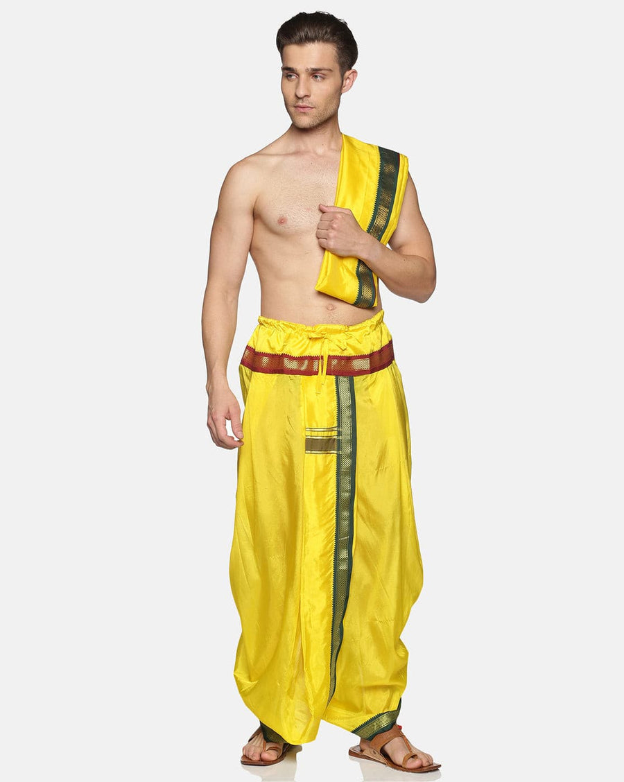 Men Colour Art Silk Dhoti Angavastram Combo Set