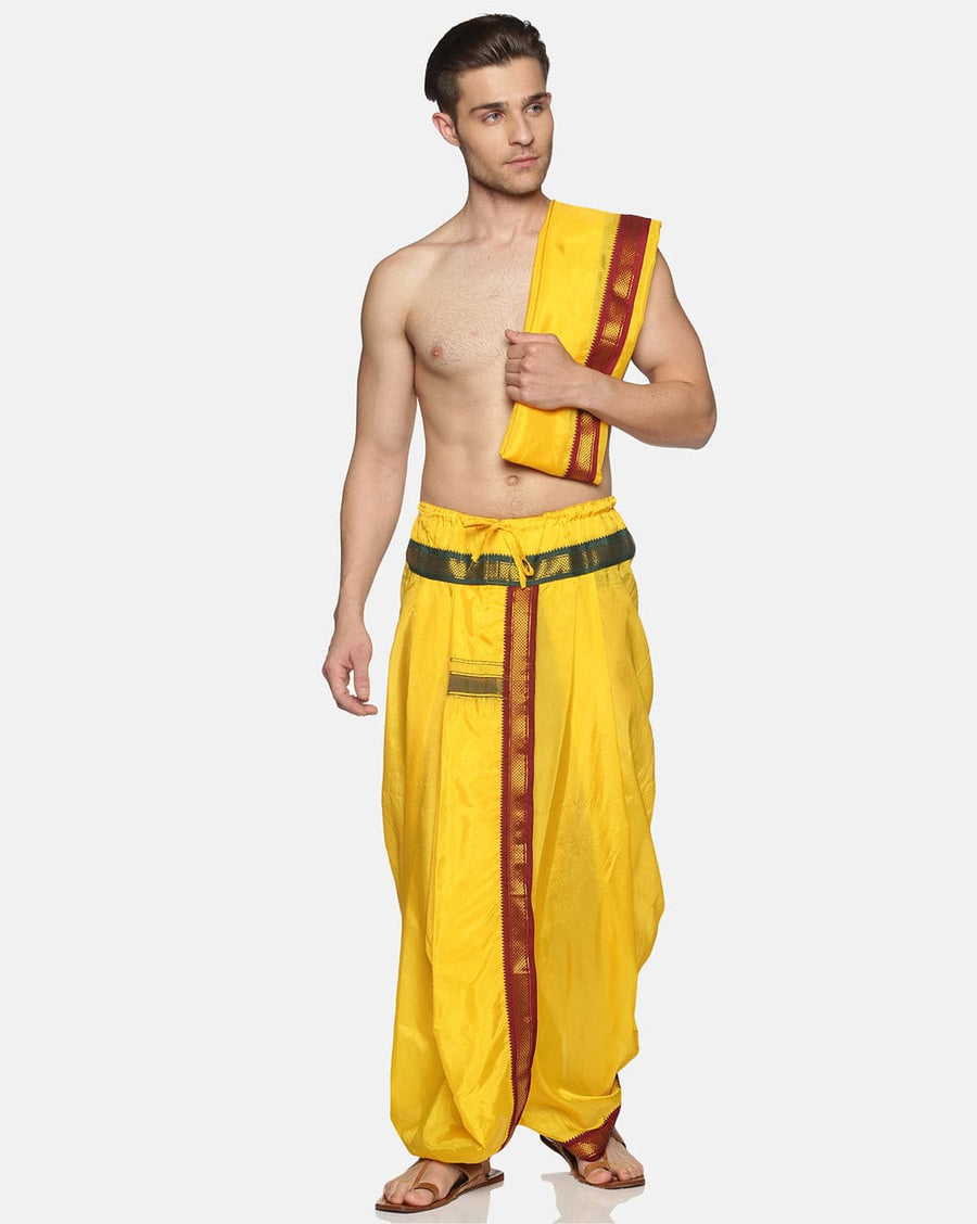 Men Colour Art Silk Dhoti Angavastram Combo Set