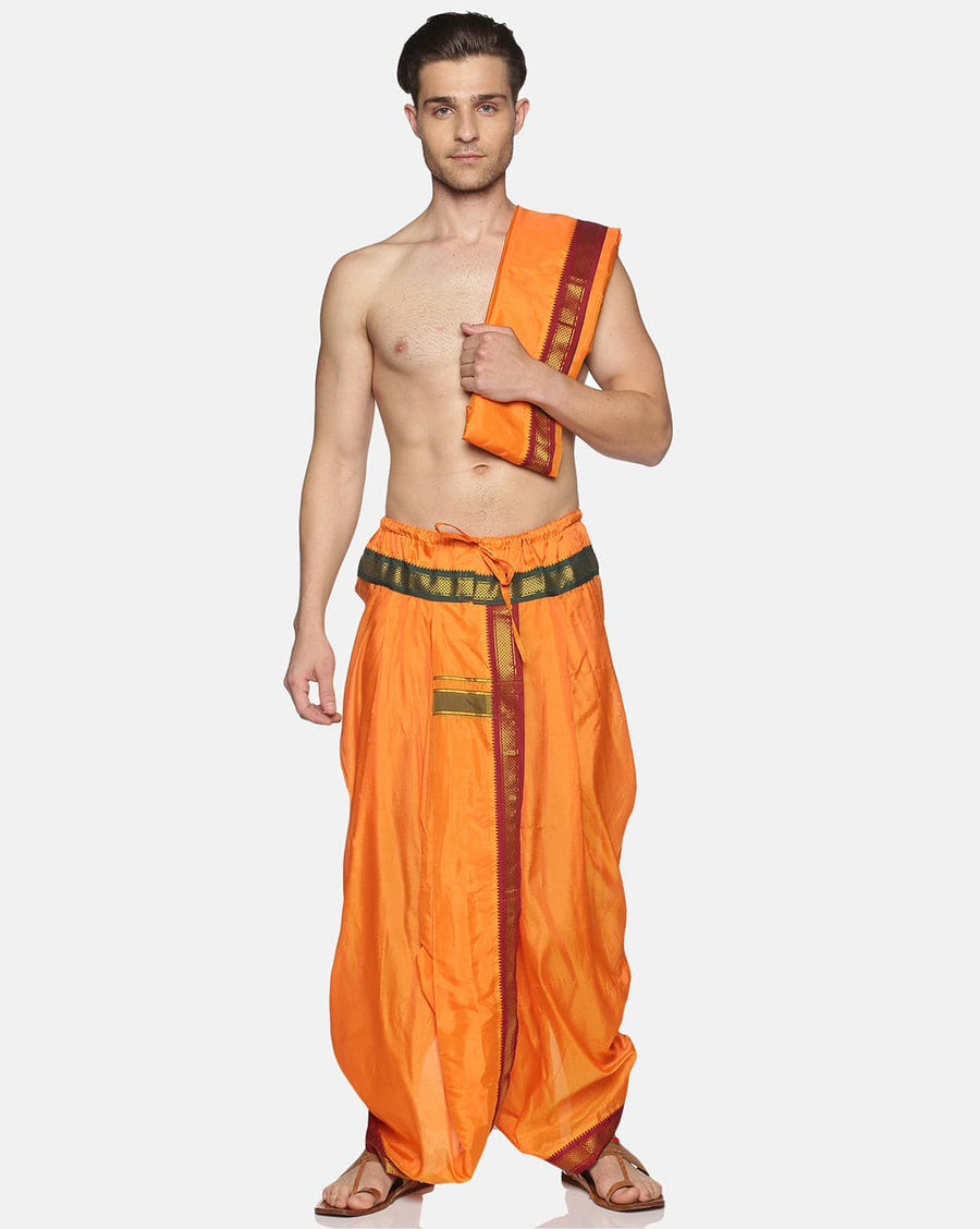 Men Colour Art Silk Dhoti Angavastram Combo Set