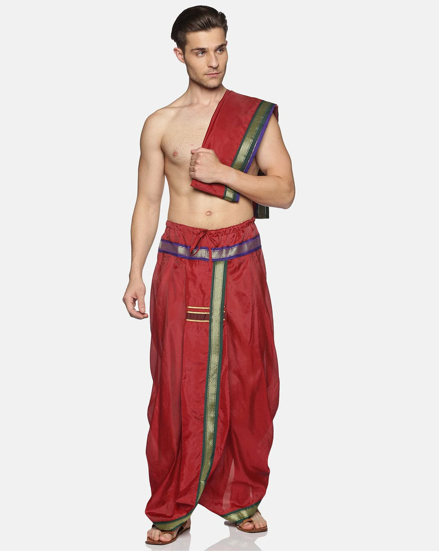 Men Colour Art Silk Dhoti Angavastram Combo Set