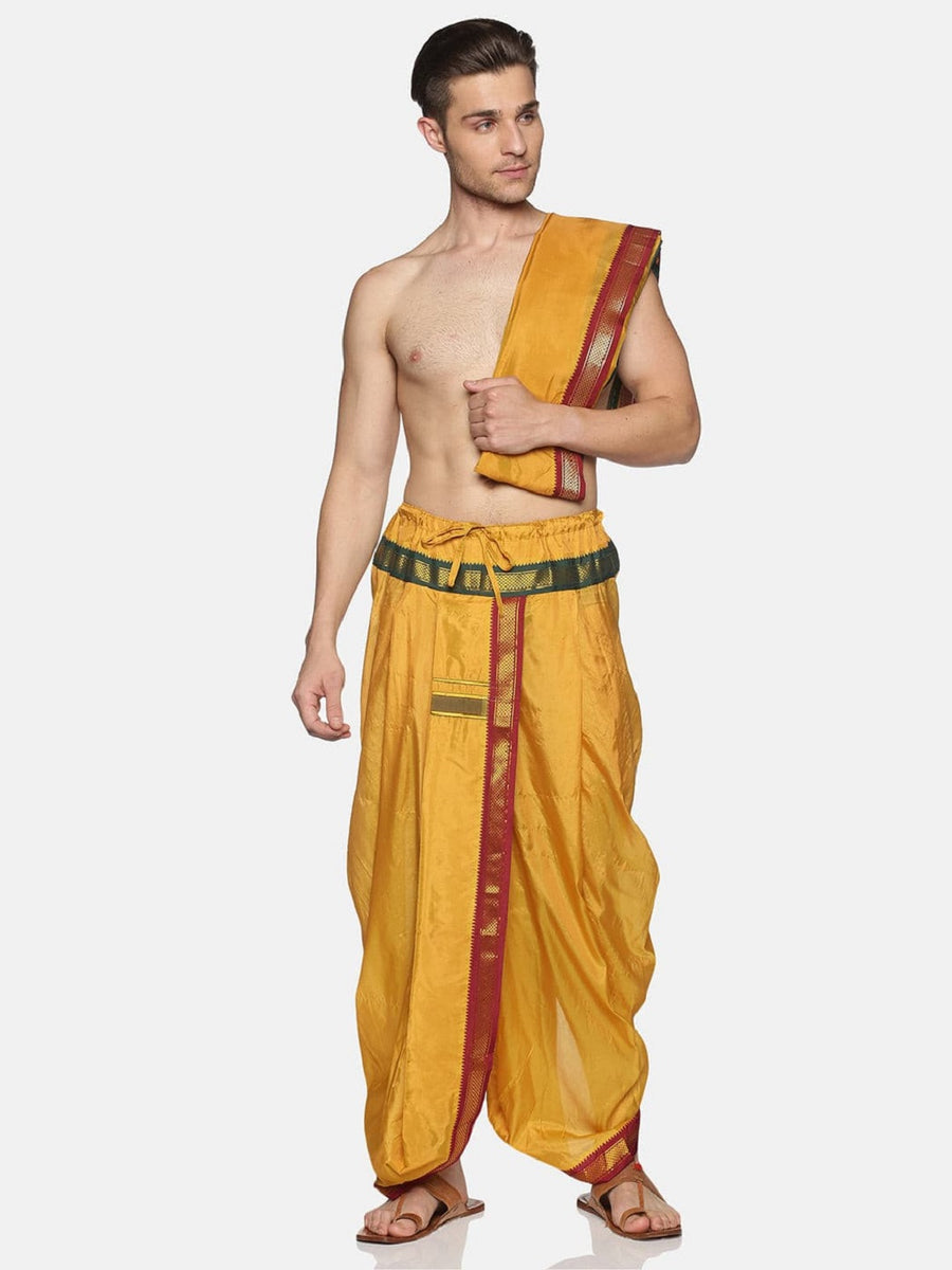 Men Colour Art Silk Dhoti Angavastram Combo Set