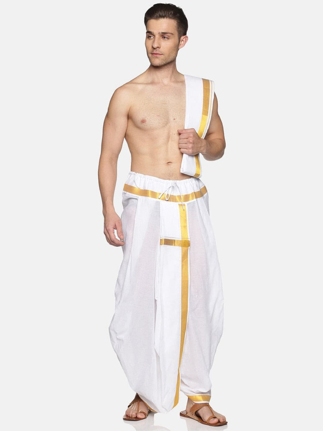 Men White Colour Cotton Dhoti Combo Set