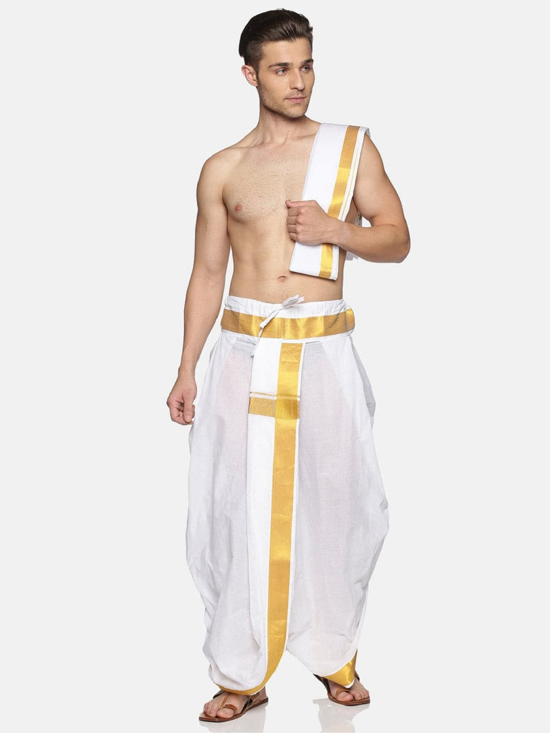 Men White Colour Cotton Dhoti Combo Set