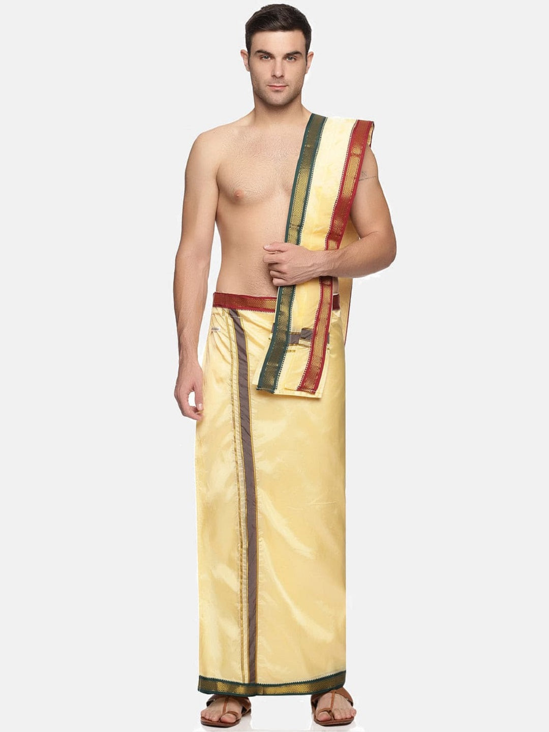 Men Sandal Colour Art Silk Dhoti Angavastram Combo Set