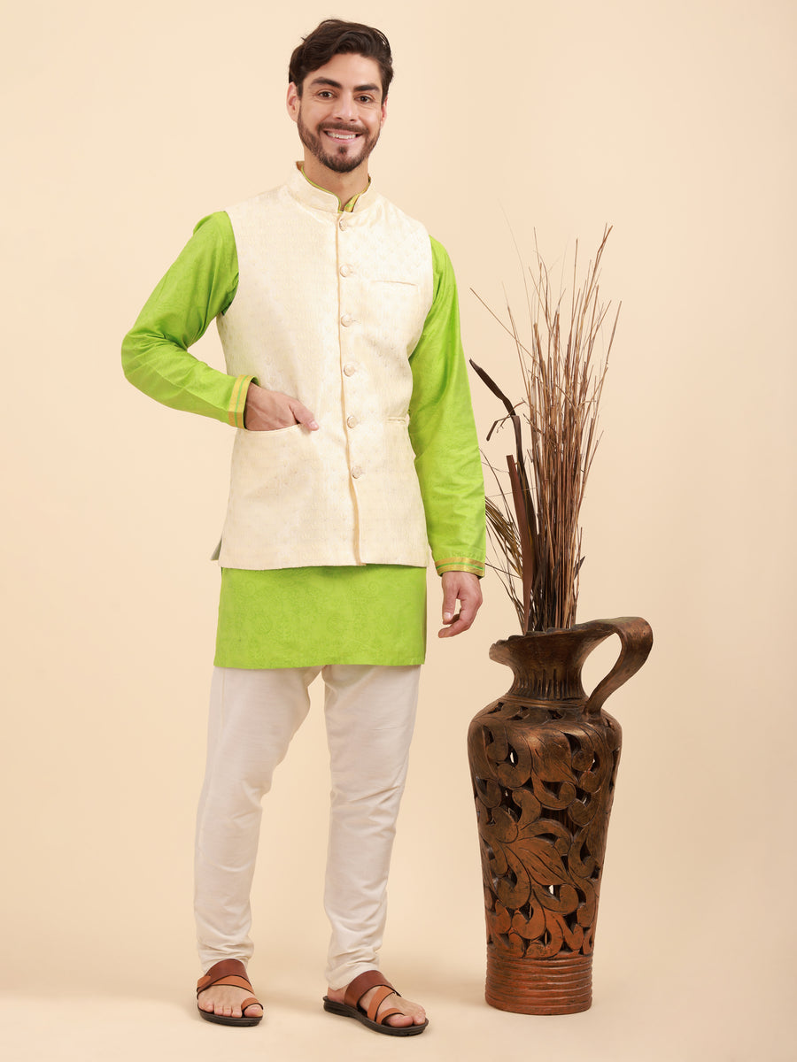 Mandarin Collar Kurta Pyjama Set with Nehru Jacket