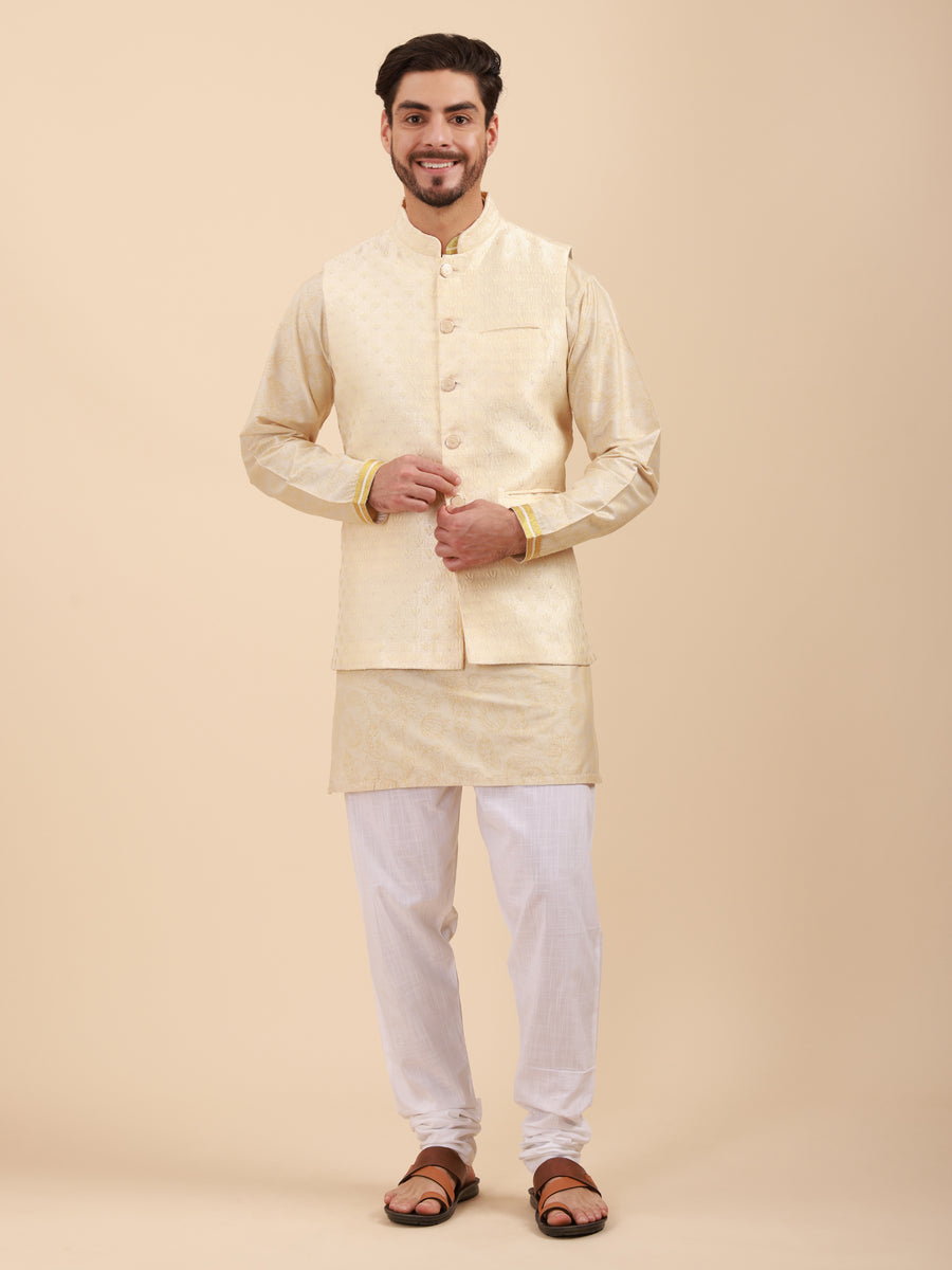 Mandarin Collar Regular Fit Kurta Pyjama Set with Nehru Jacket