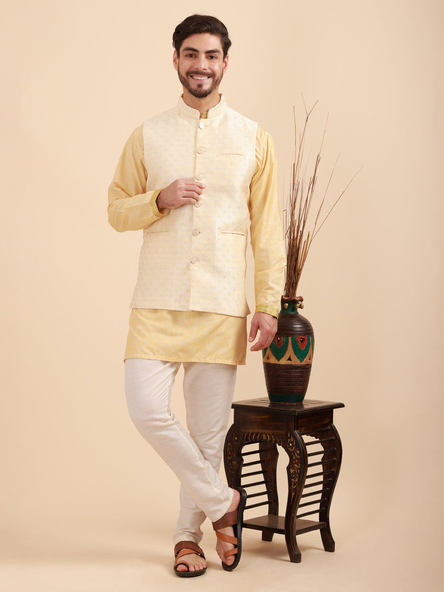 Mandarin Collar Kurta Pyjama Set with Nehru Jacket