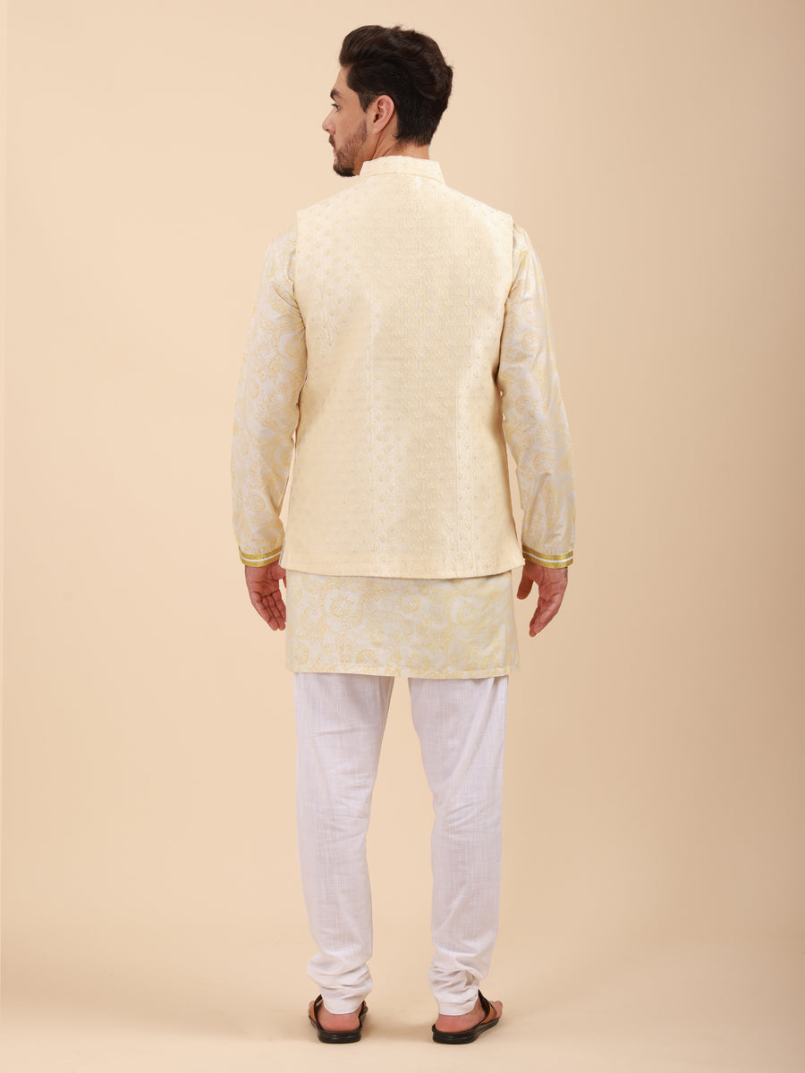 Mandarin Collar Regular Fit Kurta Pyjama Set with Nehru Jacket