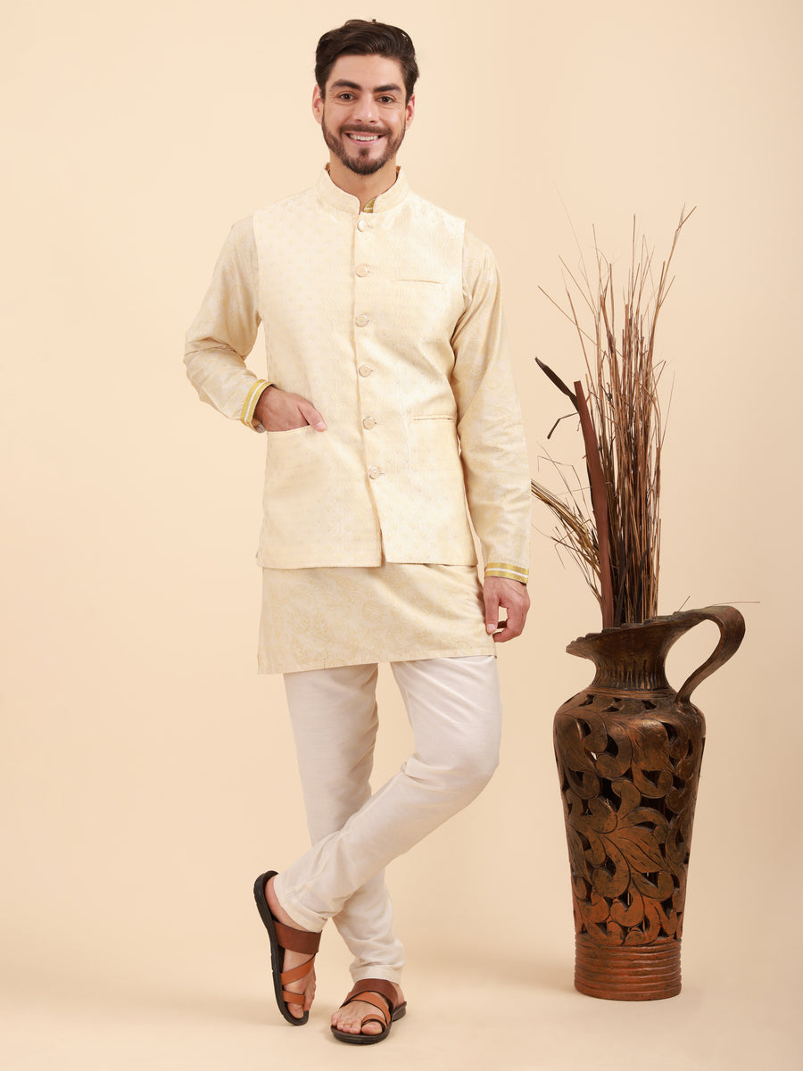 Mandarin Collar Kurta Pyjama Set with Nehru Jacket