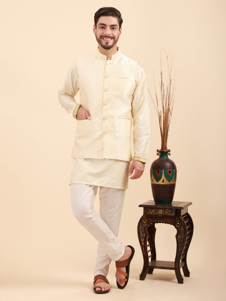Mandarin Collar Kurta Pyjama Set with Nehru Jacket