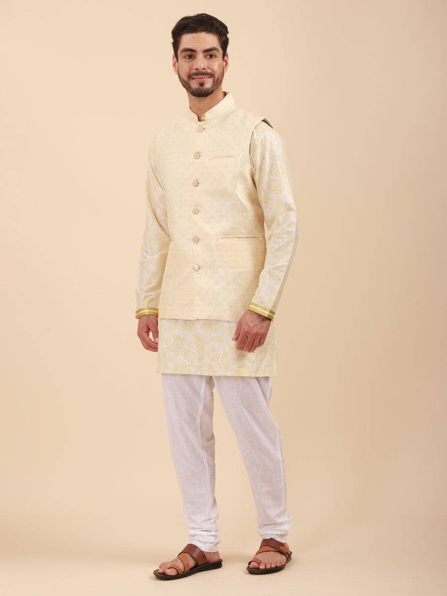 Mandarin Collar Regular Fit Kurta Pyjama Set with Nehru Jacket