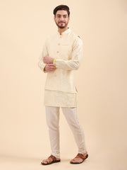 Mandarin Collar Kurta Pyjama Set with Nehru Jacket