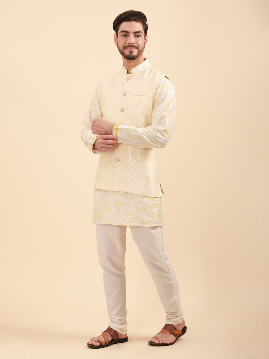 Mandarin Collar Kurta Pyjama Set with Nehru Jacket