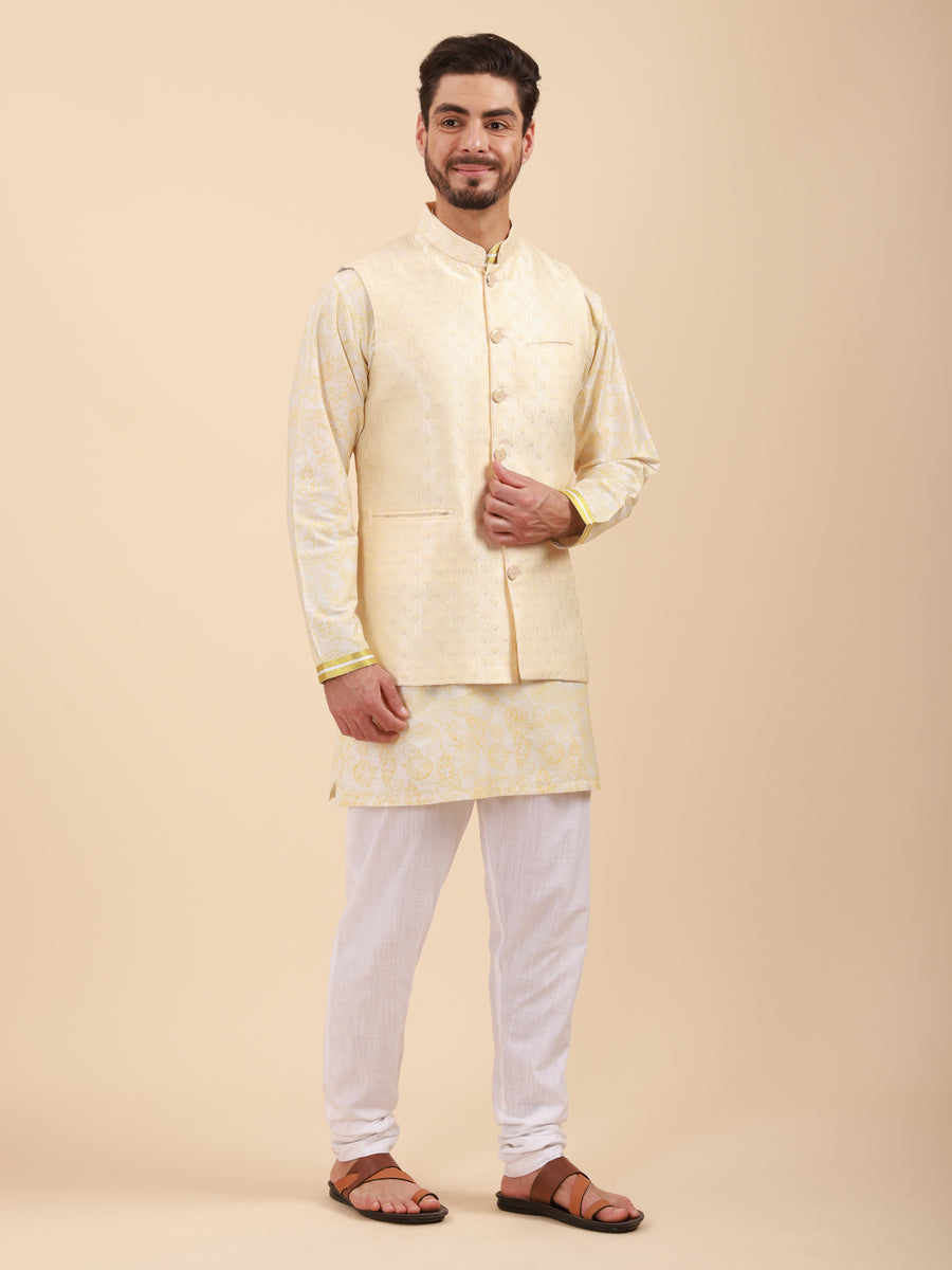Mandarin Collar Regular Fit Kurta Pyjama Set with Nehru Jacket