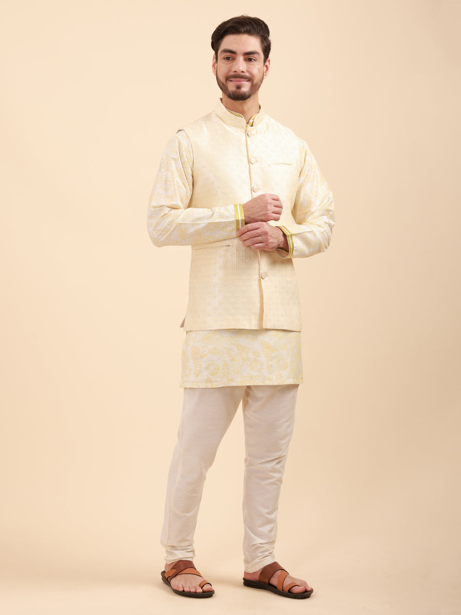 Mandarin Collar Kurta Pyjama Set with Nehru Jacket