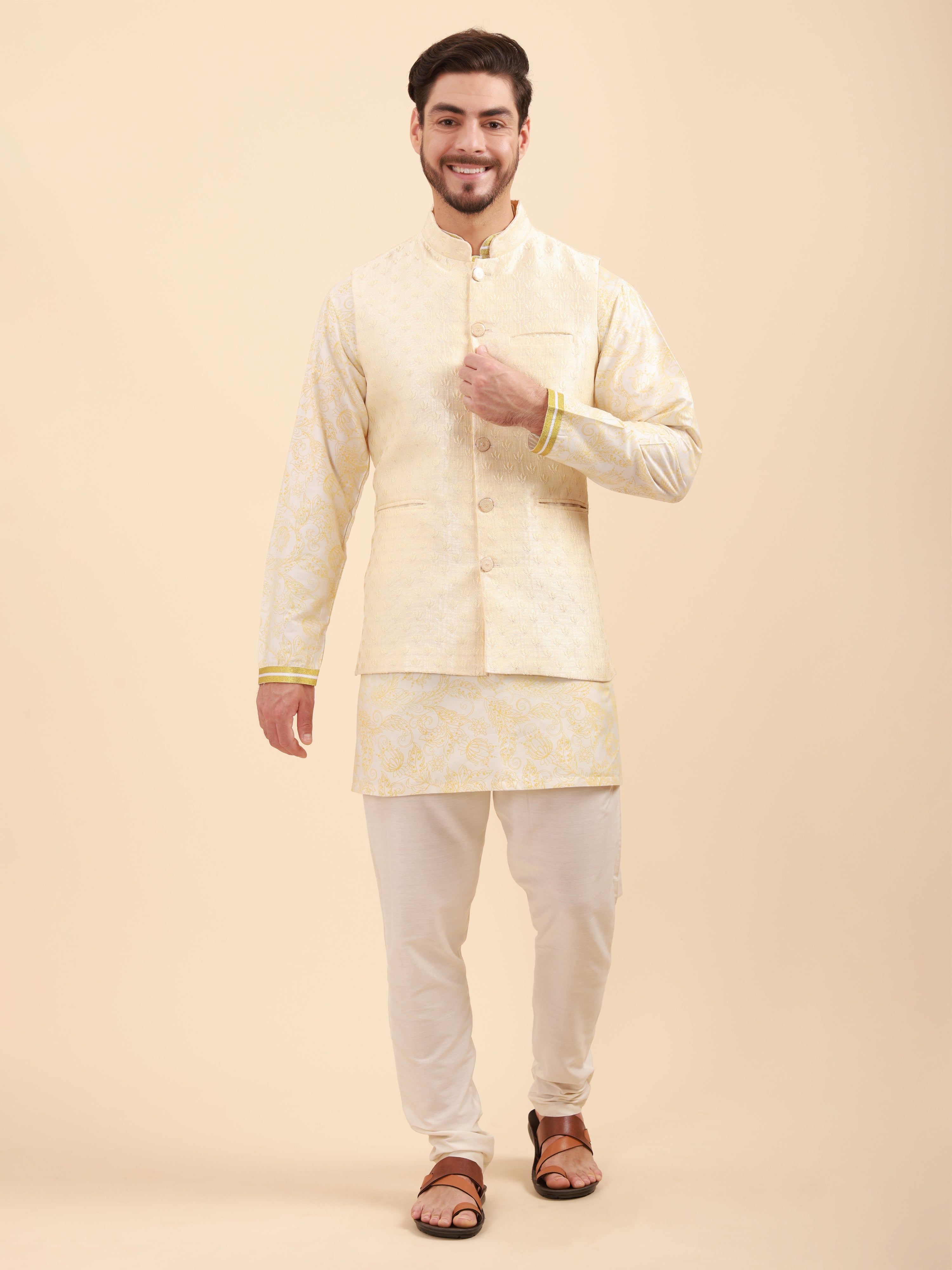 Mandarin Collar Kurta Pyjama Set with Nehru Jacket