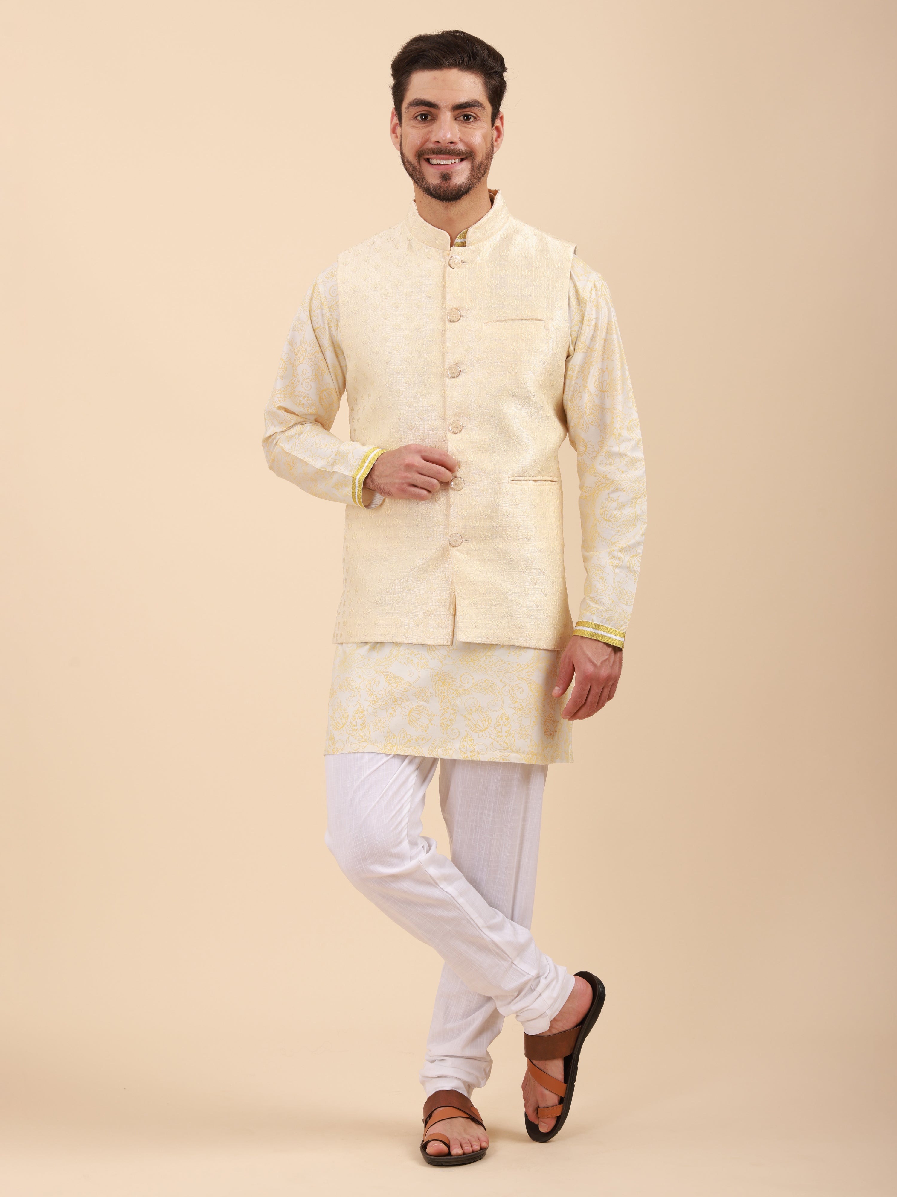 Mandarin Collar Regular Fit Kurta Pyjama Set with Nehru Jacket
