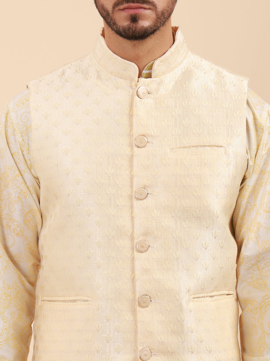 Mandarin Collar Regular Fit Kurta Pyjama Set with Nehru Jacket