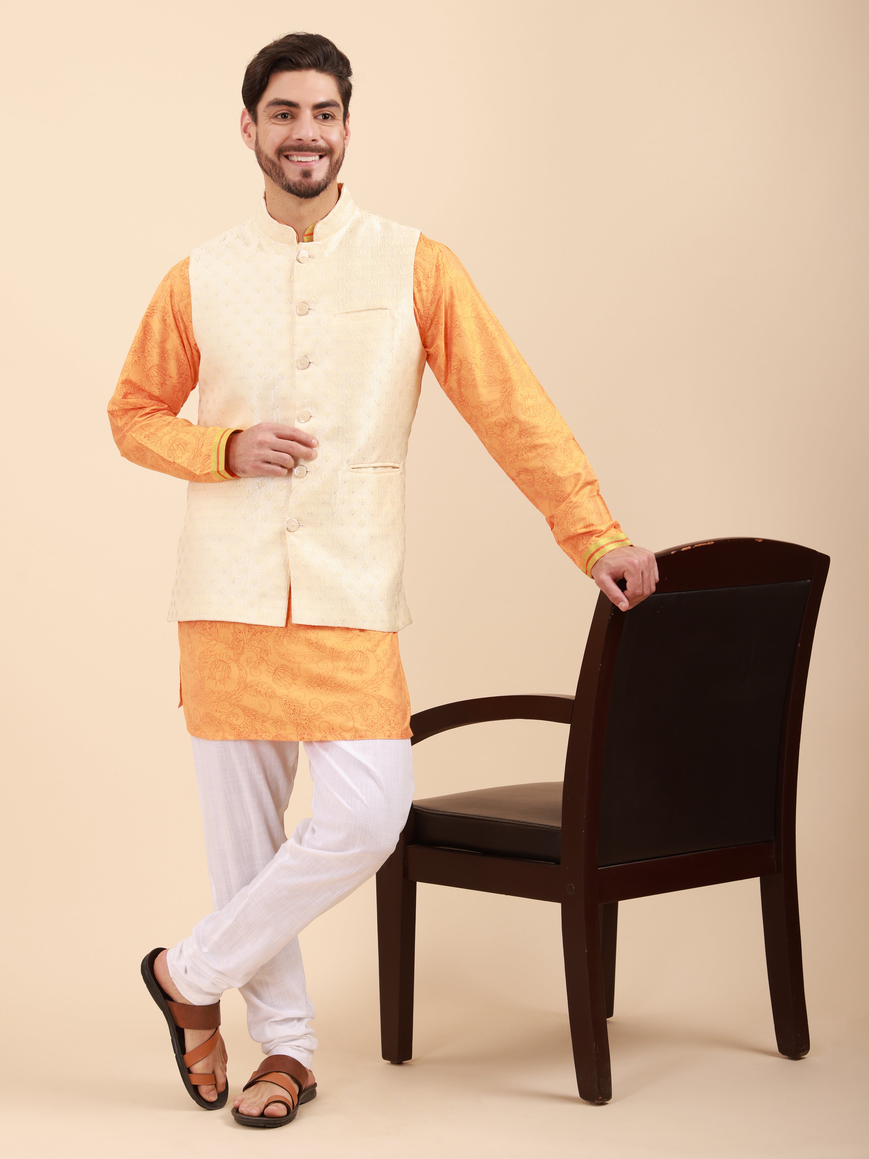 Mandarin Collar Regular Fit Kurta Pyjama Set with Nehru Jacket