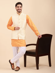 Mandarin Collar Regular Fit Kurta Pyjama Set with Nehru Jacket