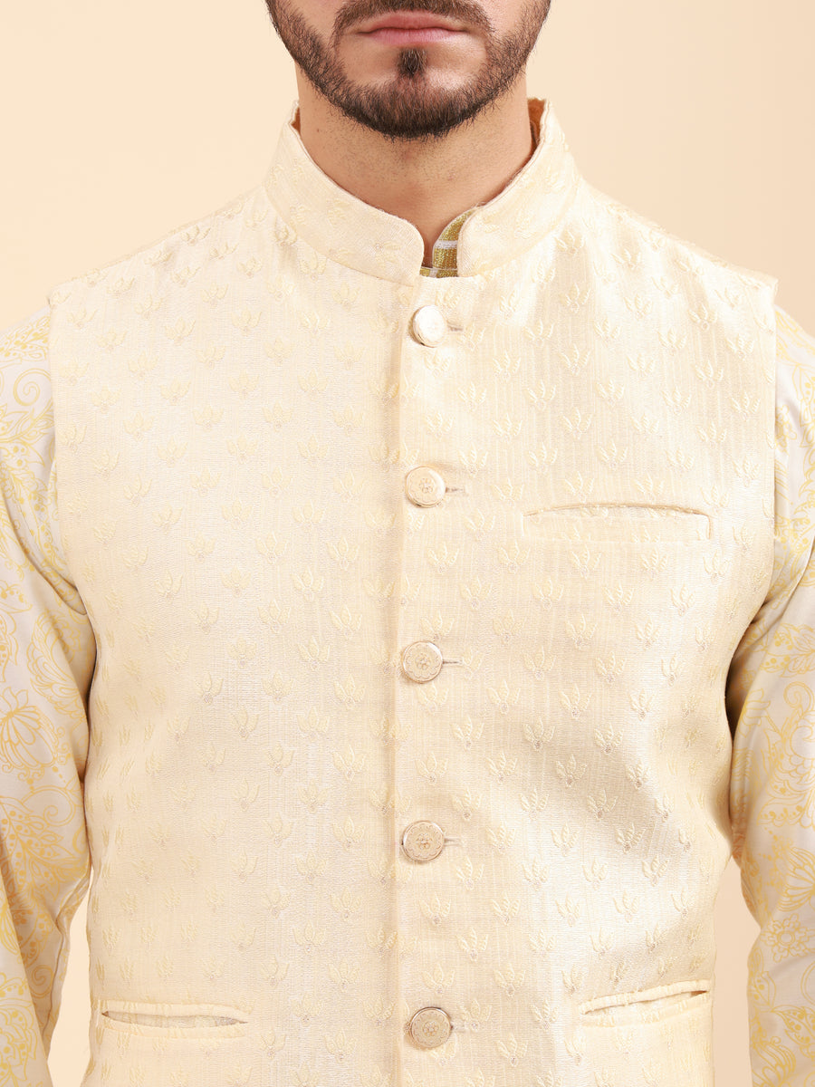 Mandarin Collar Kurta Pyjama Set with Nehru Jacket
