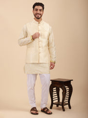 Mandarin Collar Regular Fit Kurta Pyjama Set with Nehru Jacket