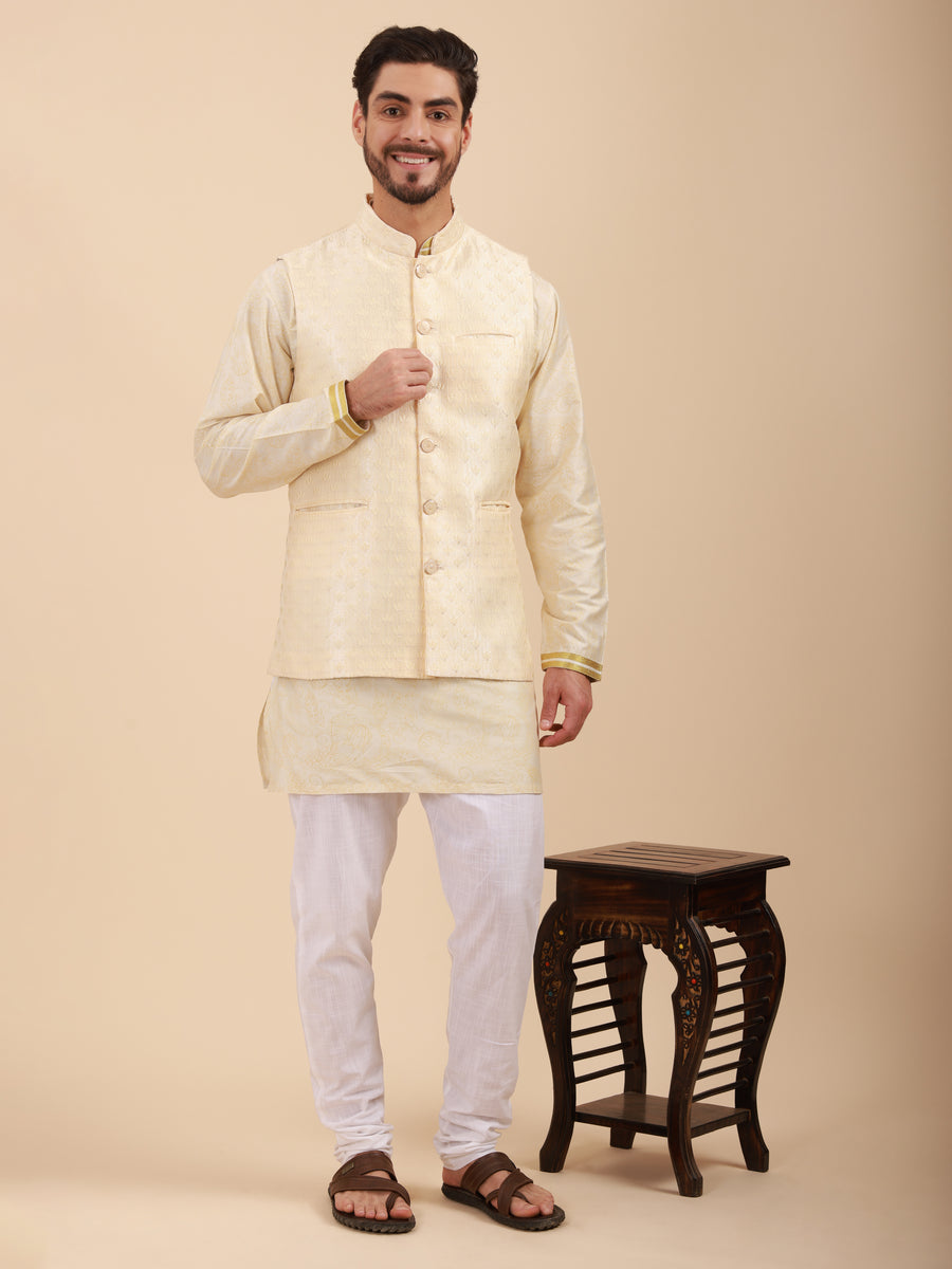 Mandarin Collar Regular Fit Kurta Pyjama Set with Nehru Jacket