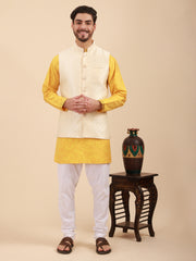 Mandarin Collar Regular Fit Kurta Pyjama Set with Nehru Jacket