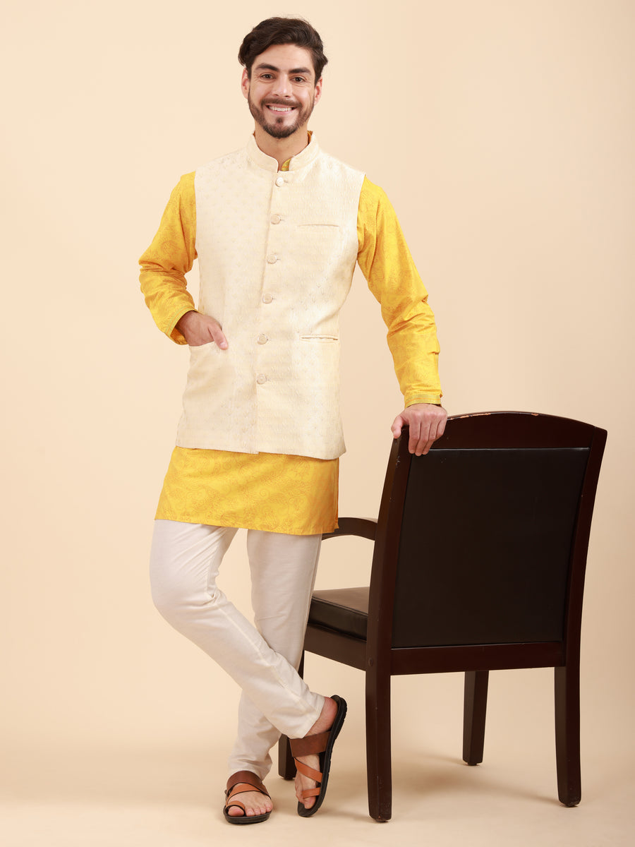 Mandarin Collar Kurta Pyjama Set with Nehru Jacket